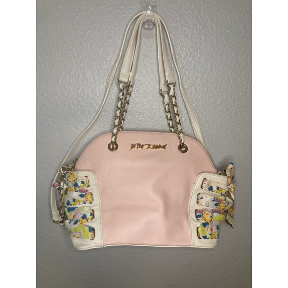 Betsey Johnson Handbags - Betsey Johnson Pastel Pink Shoulder Bag W/ Strap Ribbon Bows Gold Hardware